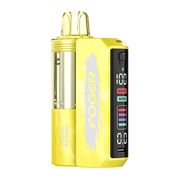 foger blue rancher b-pop flavor - A close-up of the Foger BIT 35K device with the label "Foger blue rancher b-pop flavor" visible, showing the sleek design and e-liquid window
