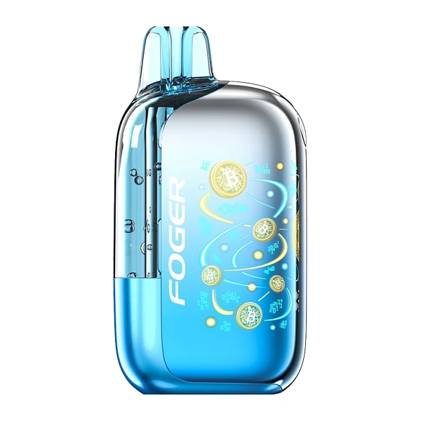 A detailed diagram of a mesh coil inside a vape pod, with arrows showing airflow and e-liquid absorption, with an overlay text explaining how it enhances the foger juicy peach ice flavour.