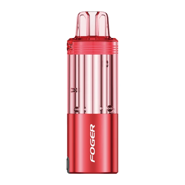 A refill foger vape device connected to a USB-C charging cable on a safe, non-flammable surface